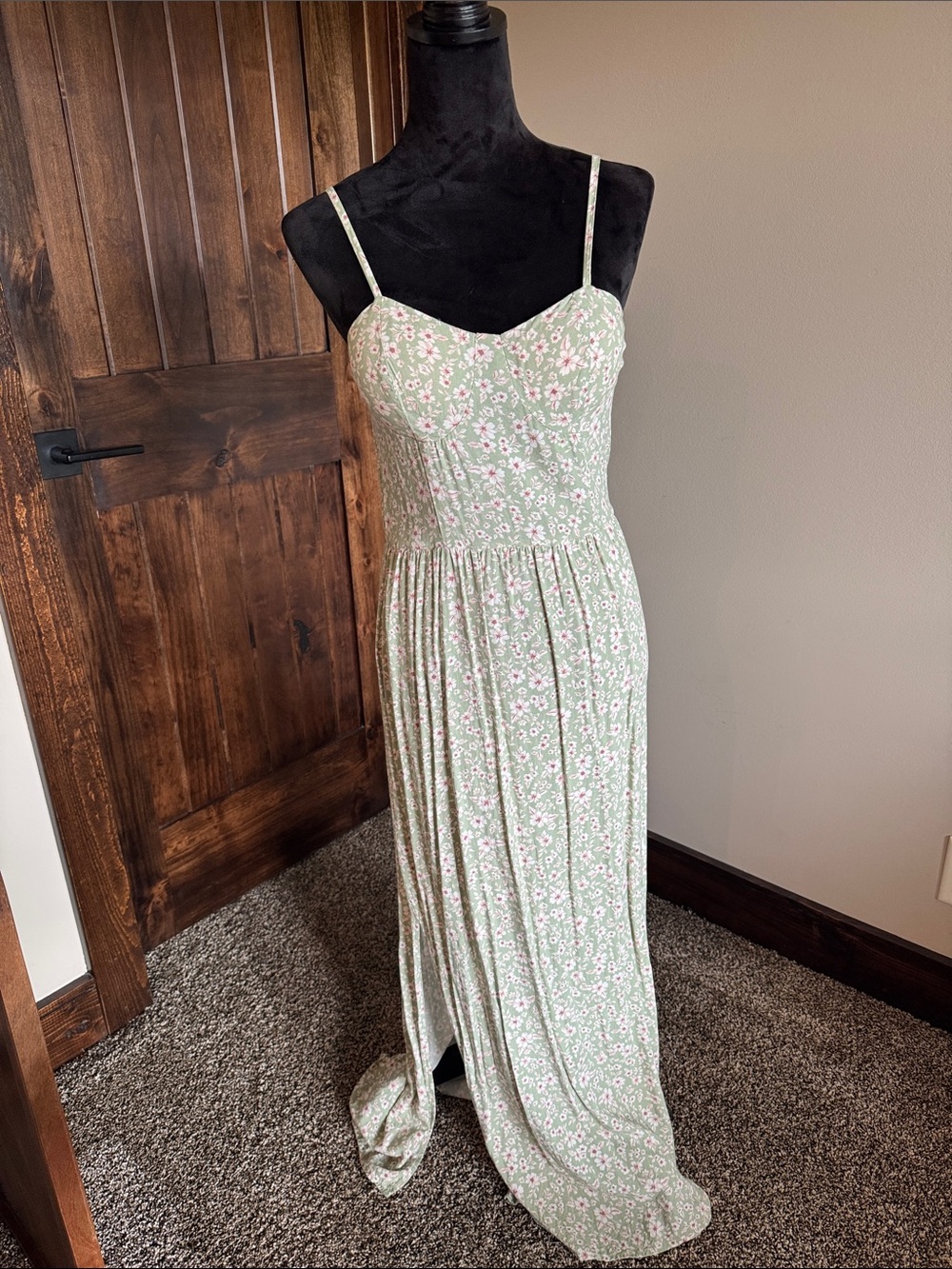Lily Rose Sage Green Floral Spaghetti-Strap Maxi Dress